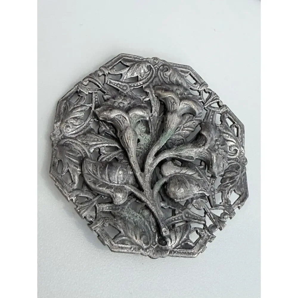 Vintage Art Nouveau Floral Octagon Silver Pewter Tone Brooch